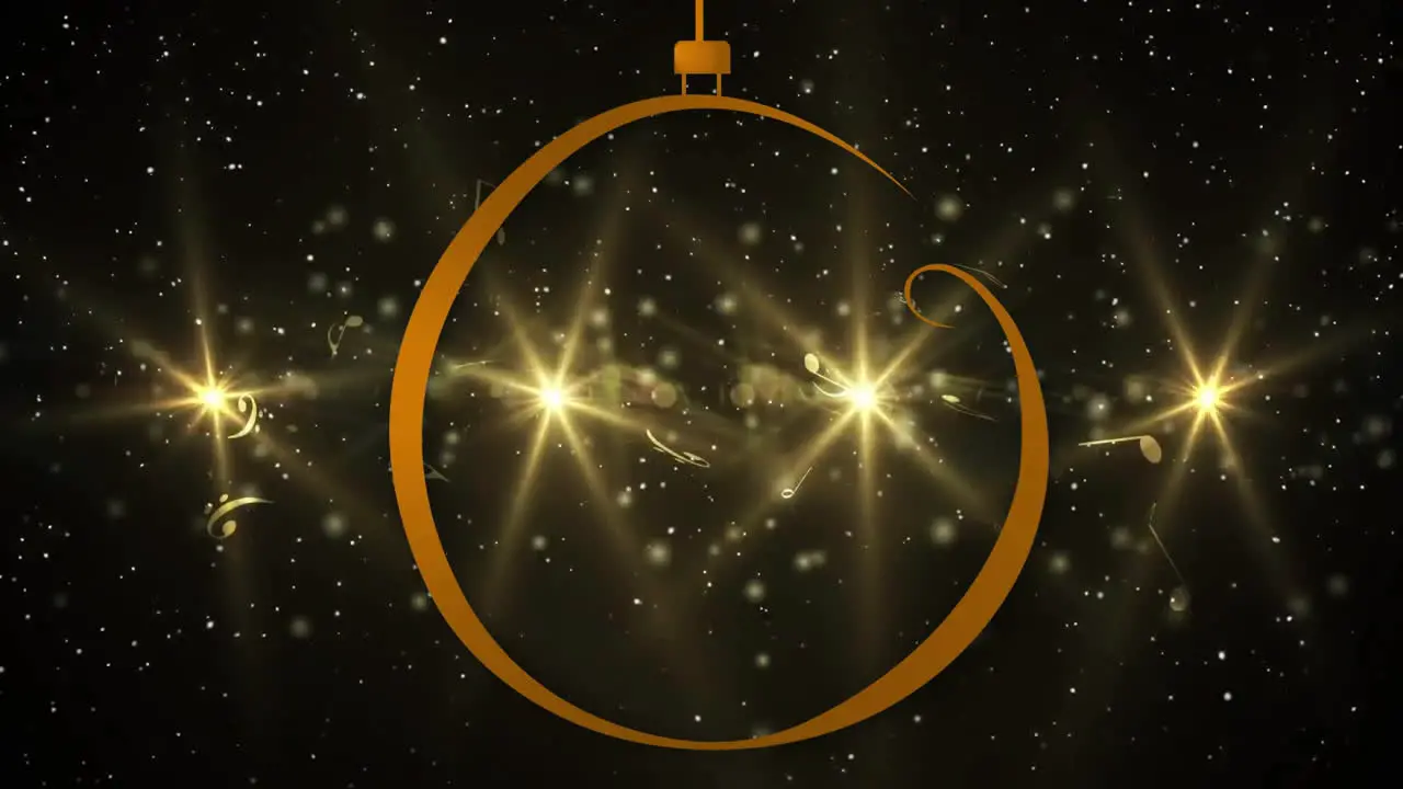 Animation of hanging bauble over lens flares and snowfall against black background