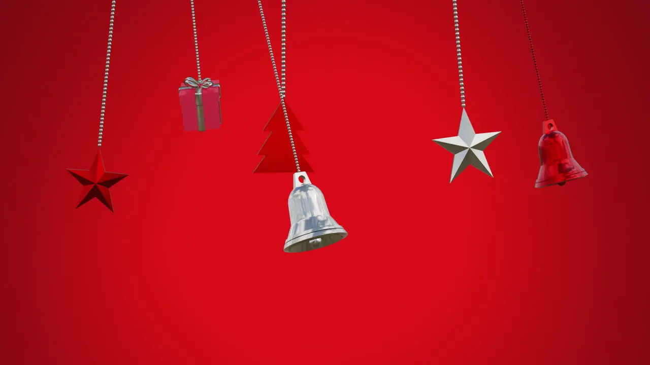 Animation of bells star gift box swinging against red background