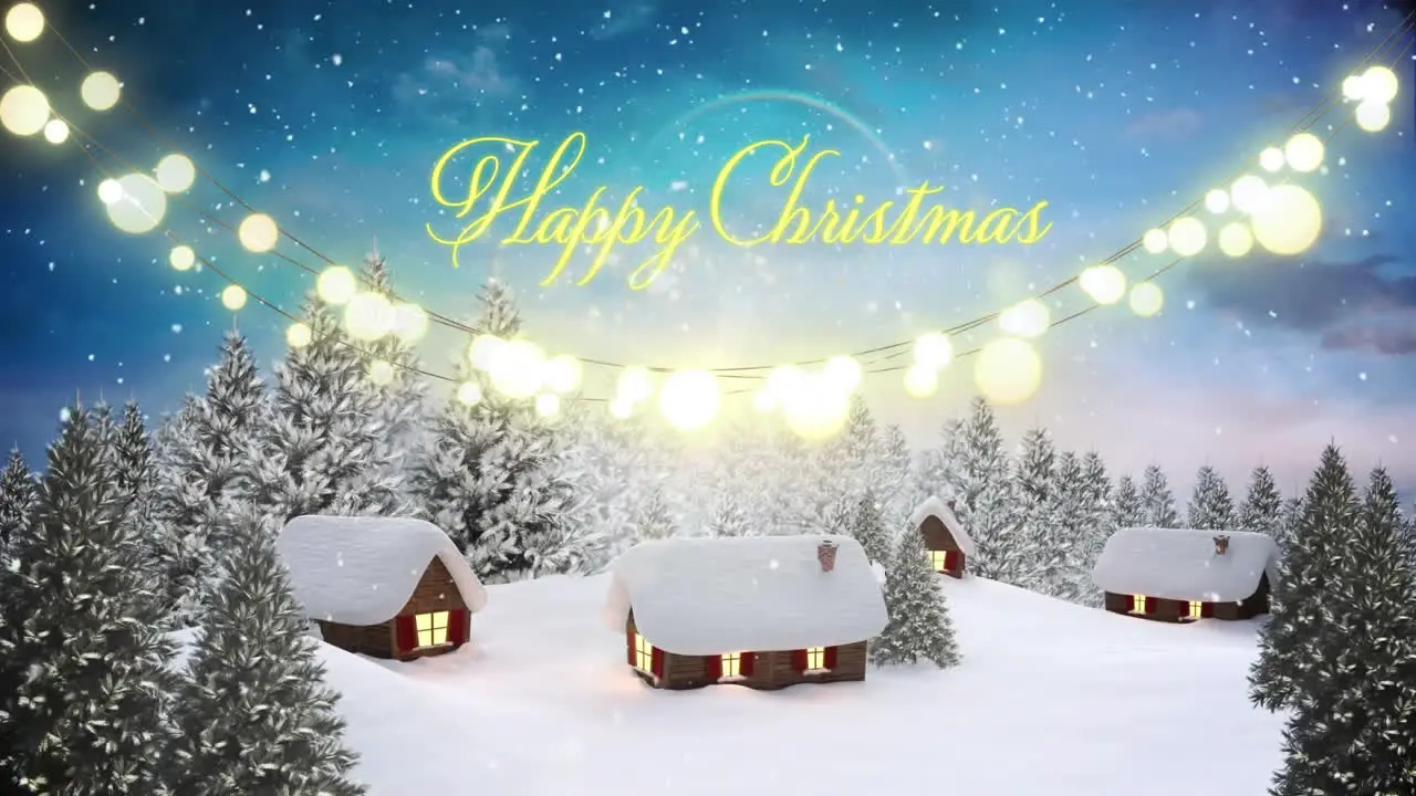 Animation of snowfall happy christmas text lights house and trees against night sky