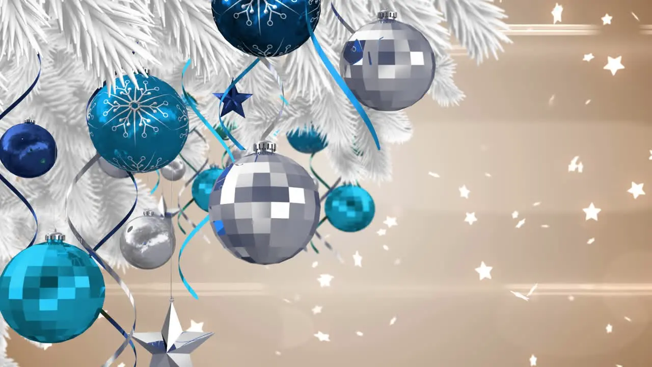 Animation of baubles and ribbons hanging on christmas tree with stars and lens flares