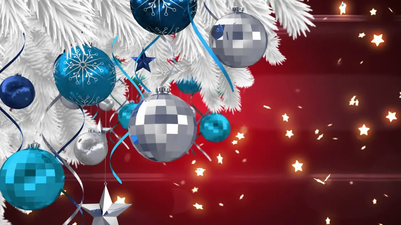 Animation of decorated christmas tree and illuminated stars over red background