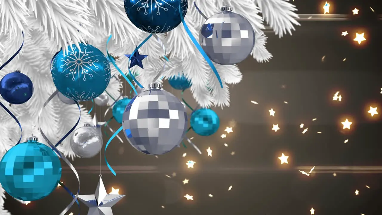 Animation of decorated christmas tree and illuminated stars over black background