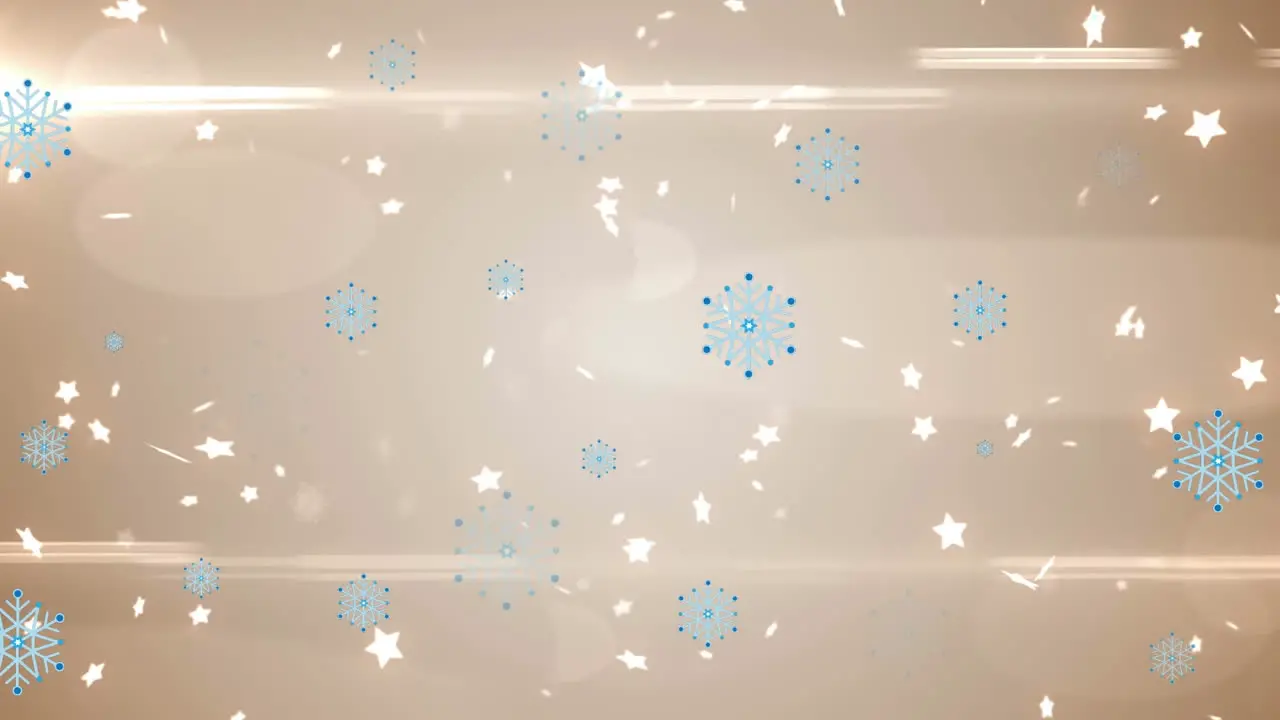 Animation of snowflakes and stars with lens flares over abstract background