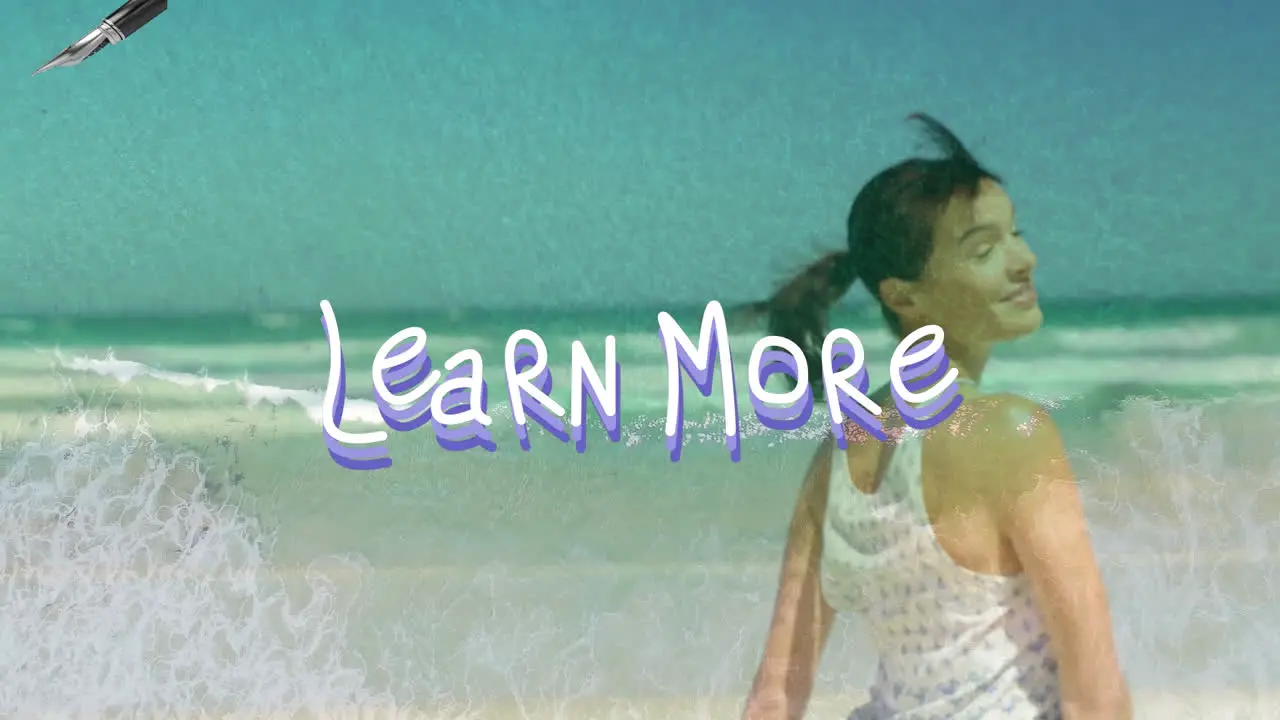 Animation of learn more over happy caucasian woman turning out on beach