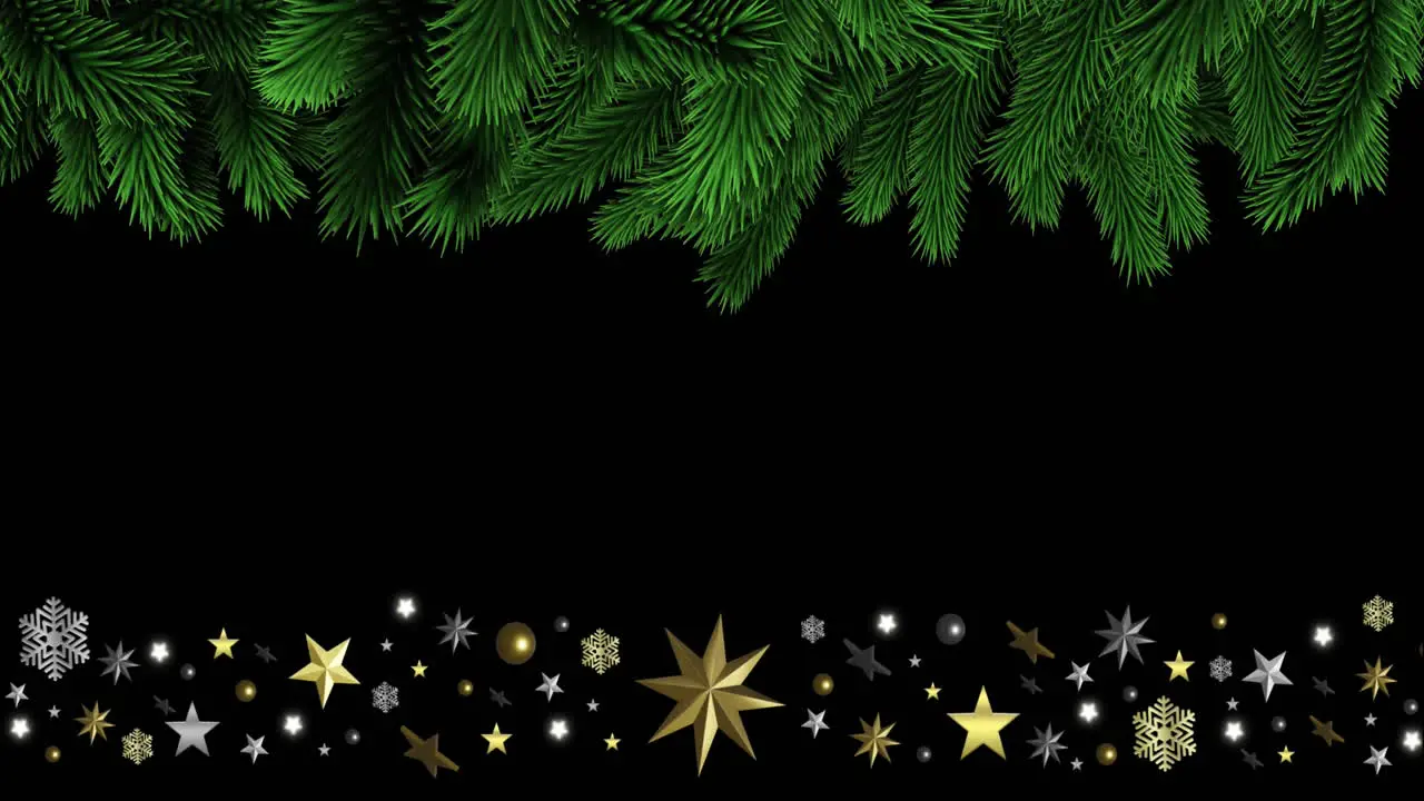 Animation of tree leaves stars snowflakes baubles and stars over black background