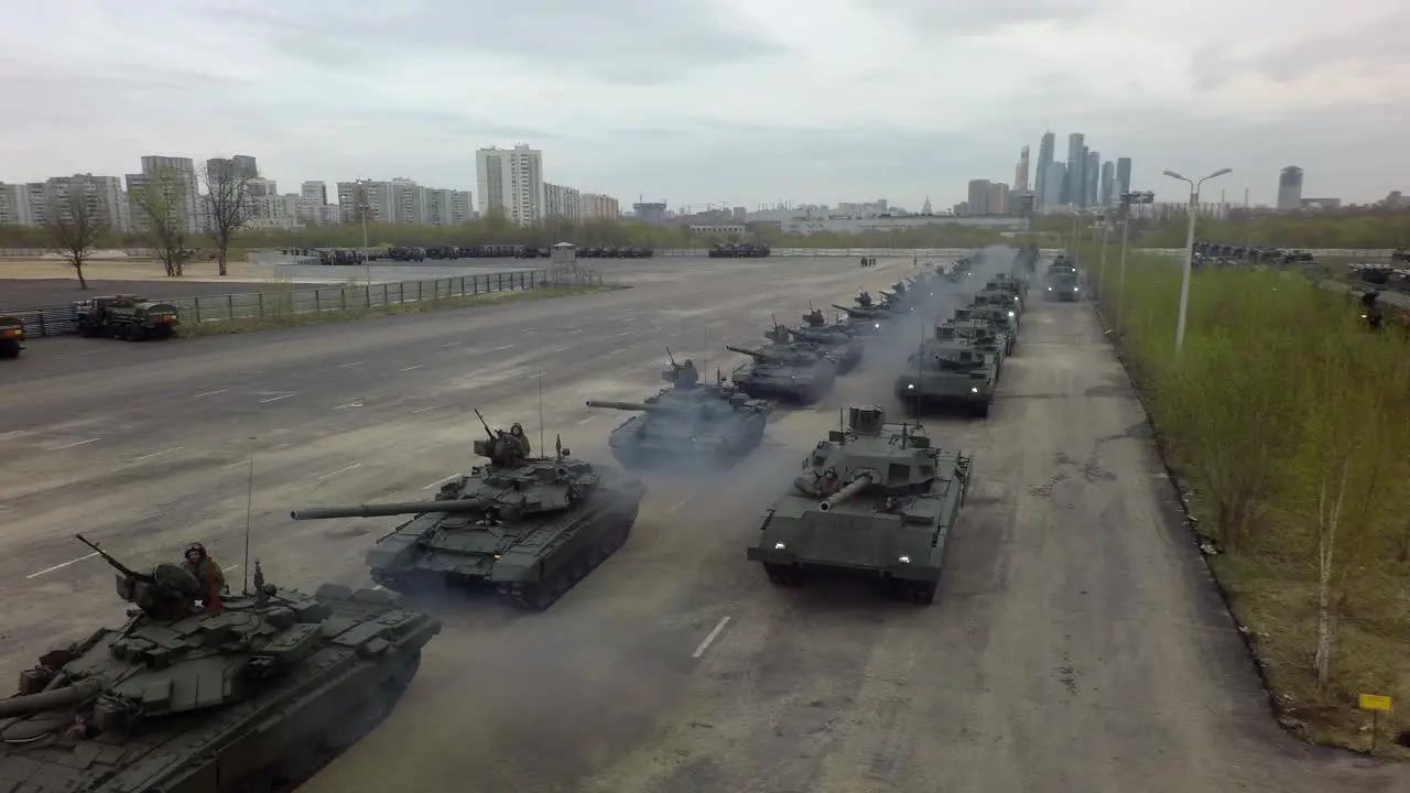 Aerial view of tank column setting off Russia