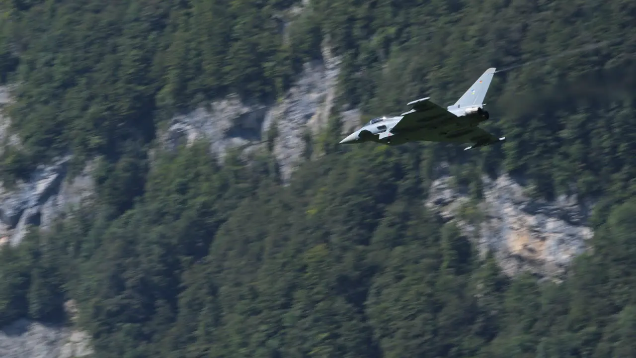 Flying fighter jet of German air forces follow view