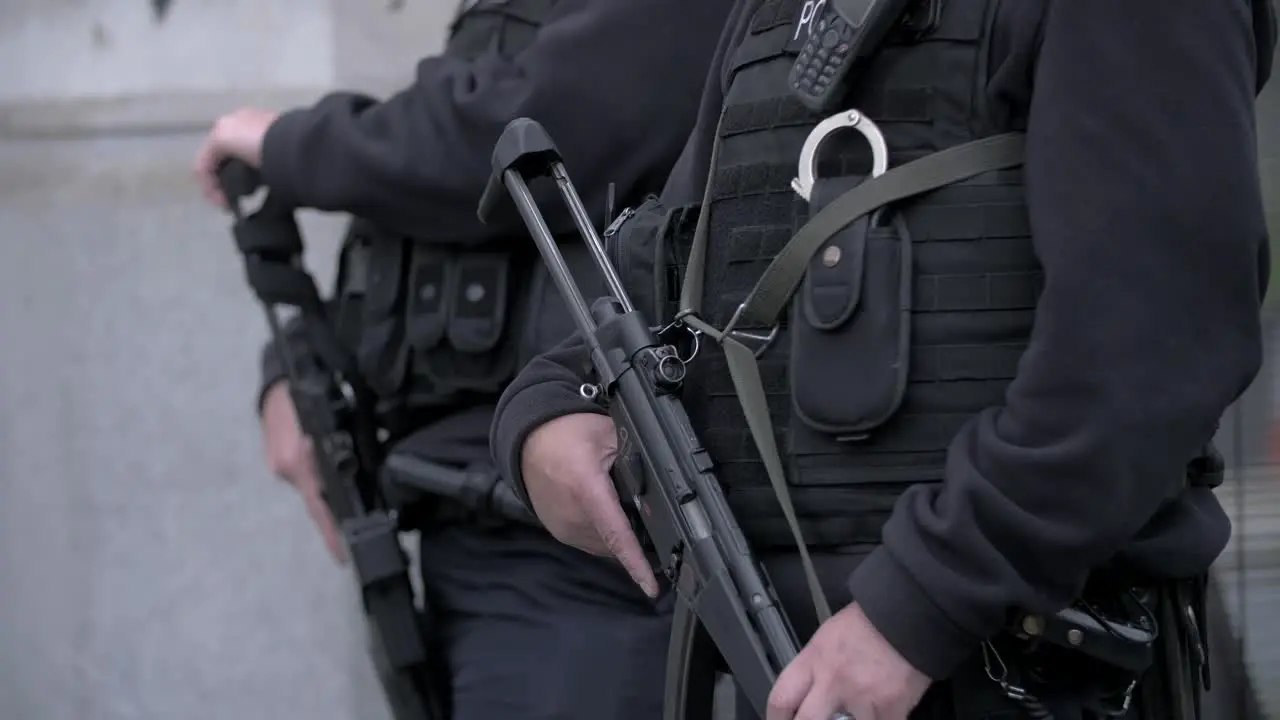 4K Security Officers With Rifle Terror Attack Slow Mo