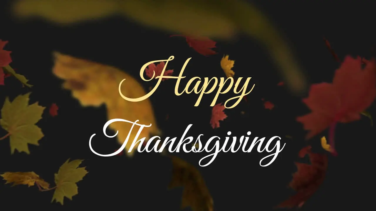 Happy thanksgiving text over multiple maple leaves falling against black background