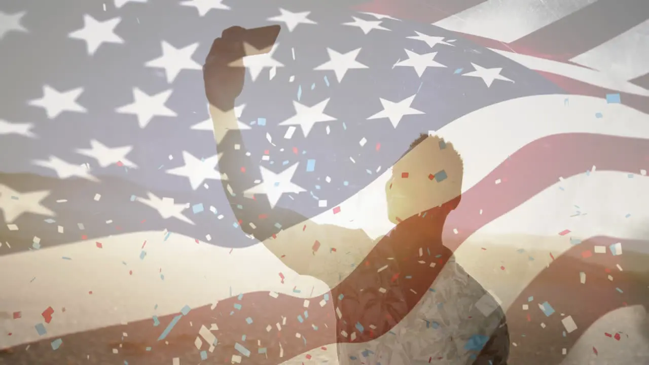 Animation of waving usa flag confetti falling over african american man taking selfie at the beach