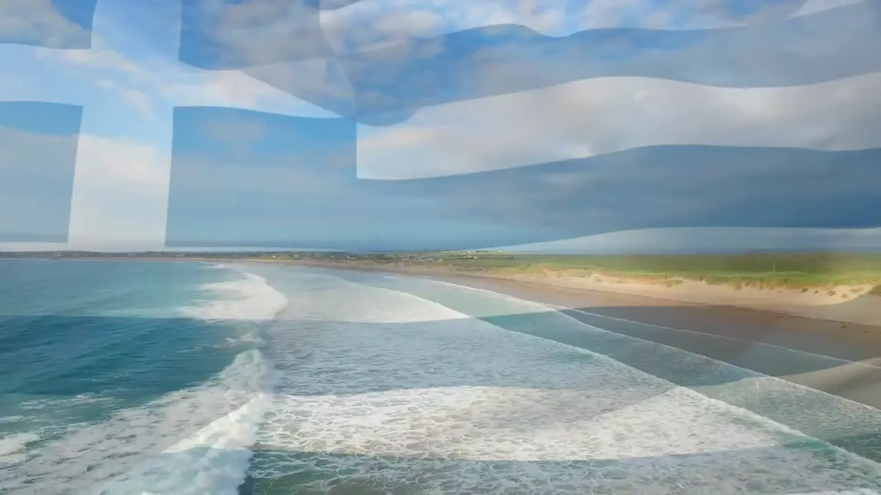 Animation of flag of greece waving over sunny beach and waves breaking in sea