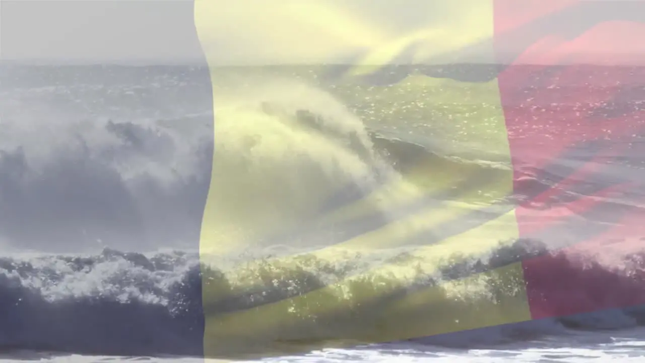 Animation of belgian flag waving over sunny seaside