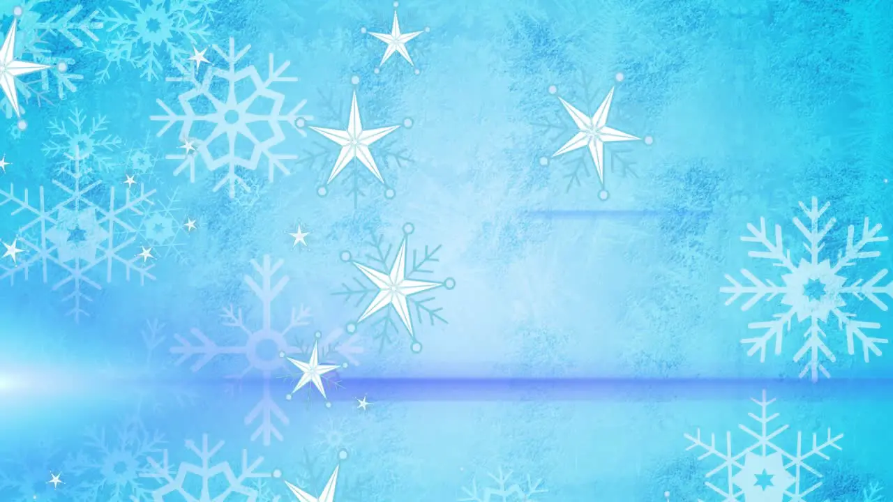 Animation of stars and snowflakes with blue abstract pattern against blue background