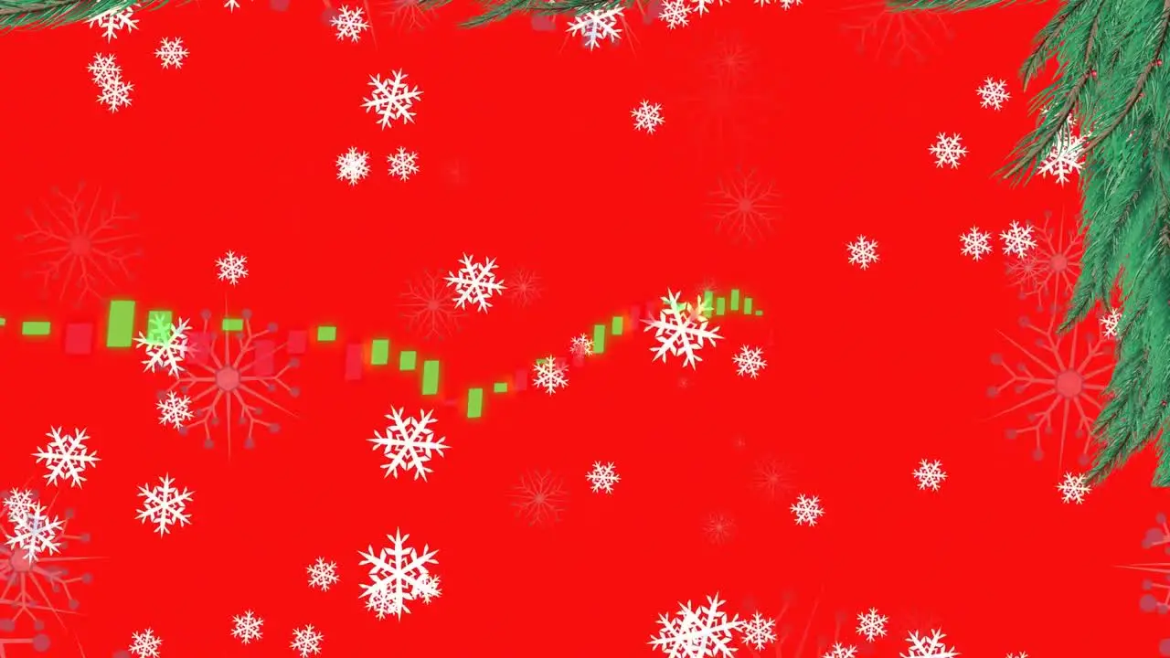 Animation of candlestick chart and snowflakes falling against red background