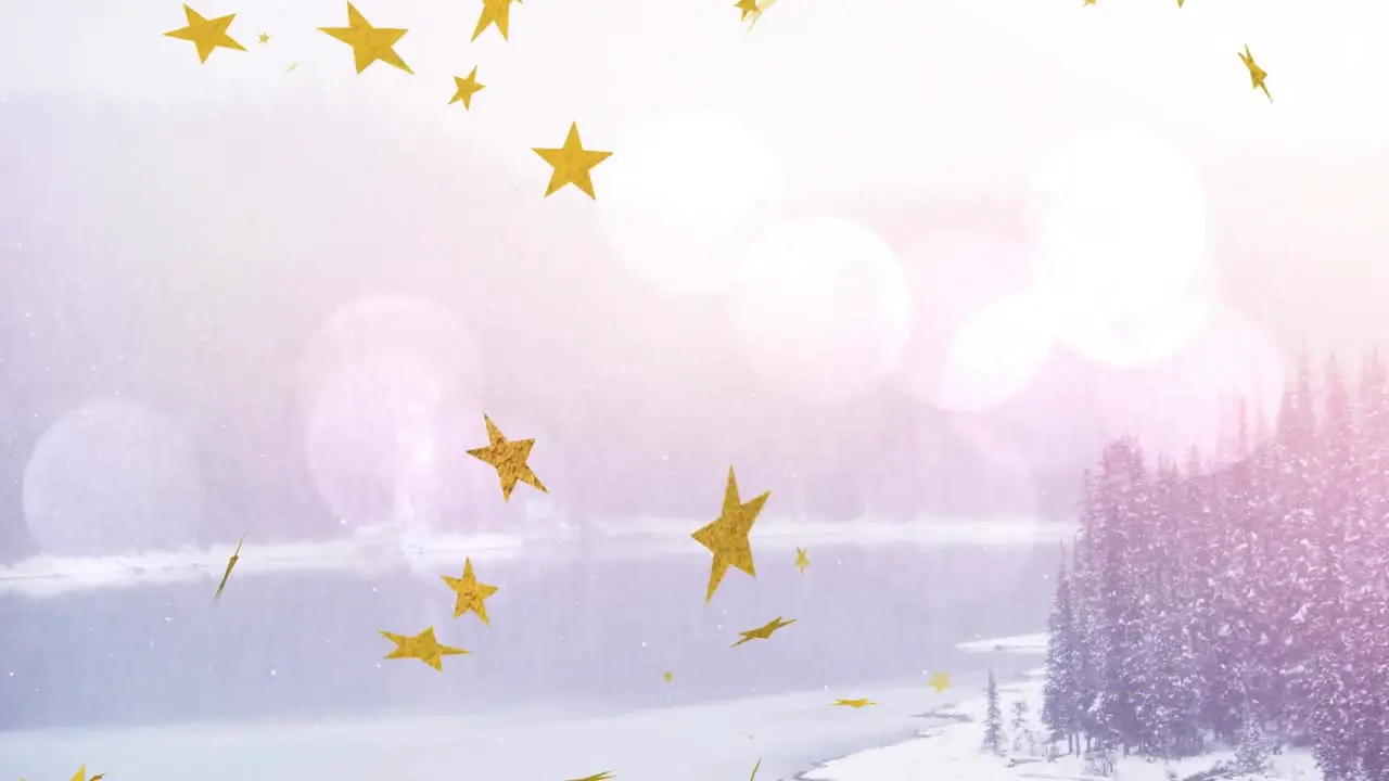 Animation of yellow stars falling over scenic view of calm lake in pine woodland against lens flare