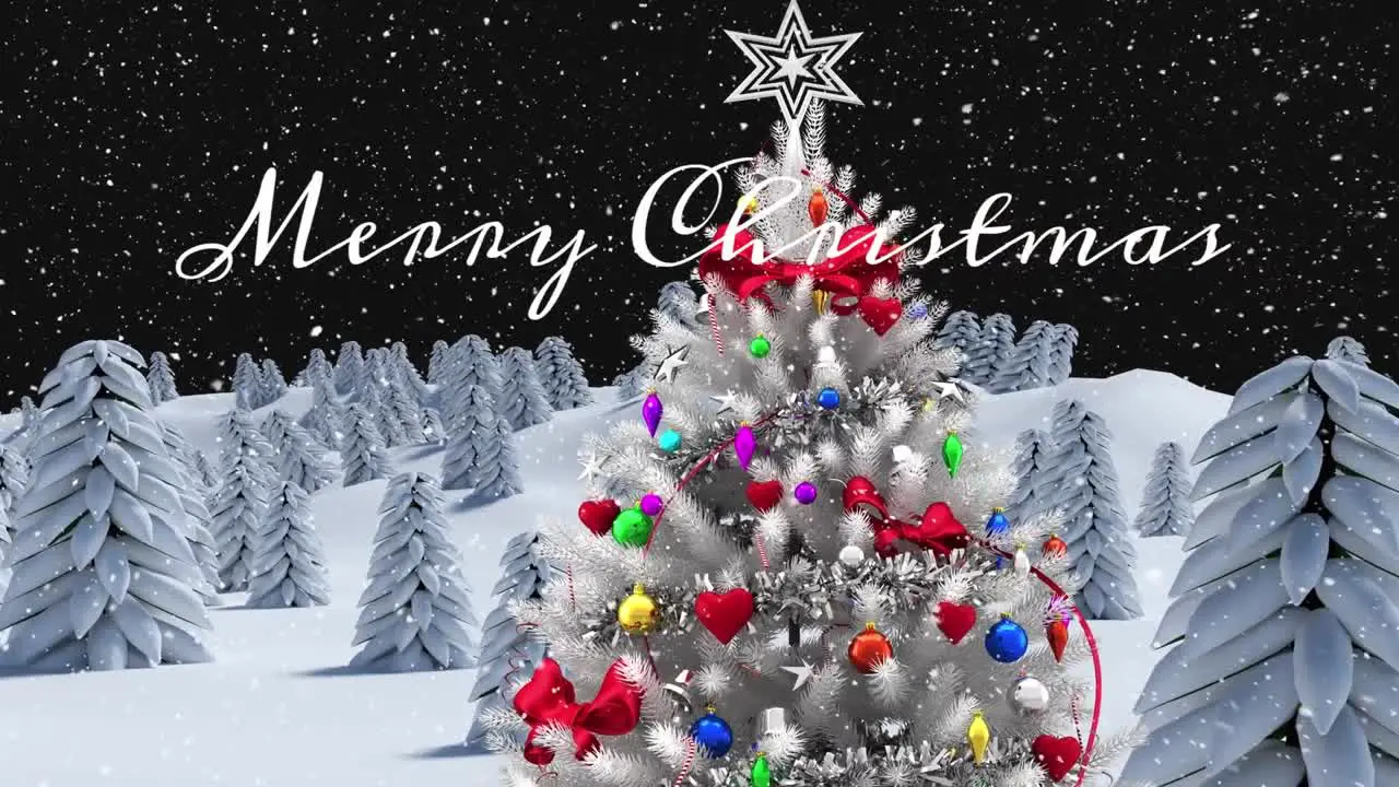 Animation of merry christmas text and snowfall over snow covered trees and mountains