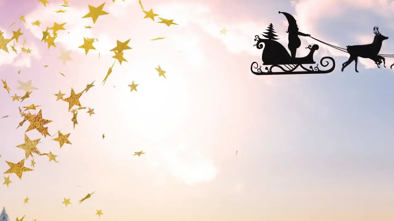 Animation of santa flying sleigh with reindeers and moving stars against cloudy sky