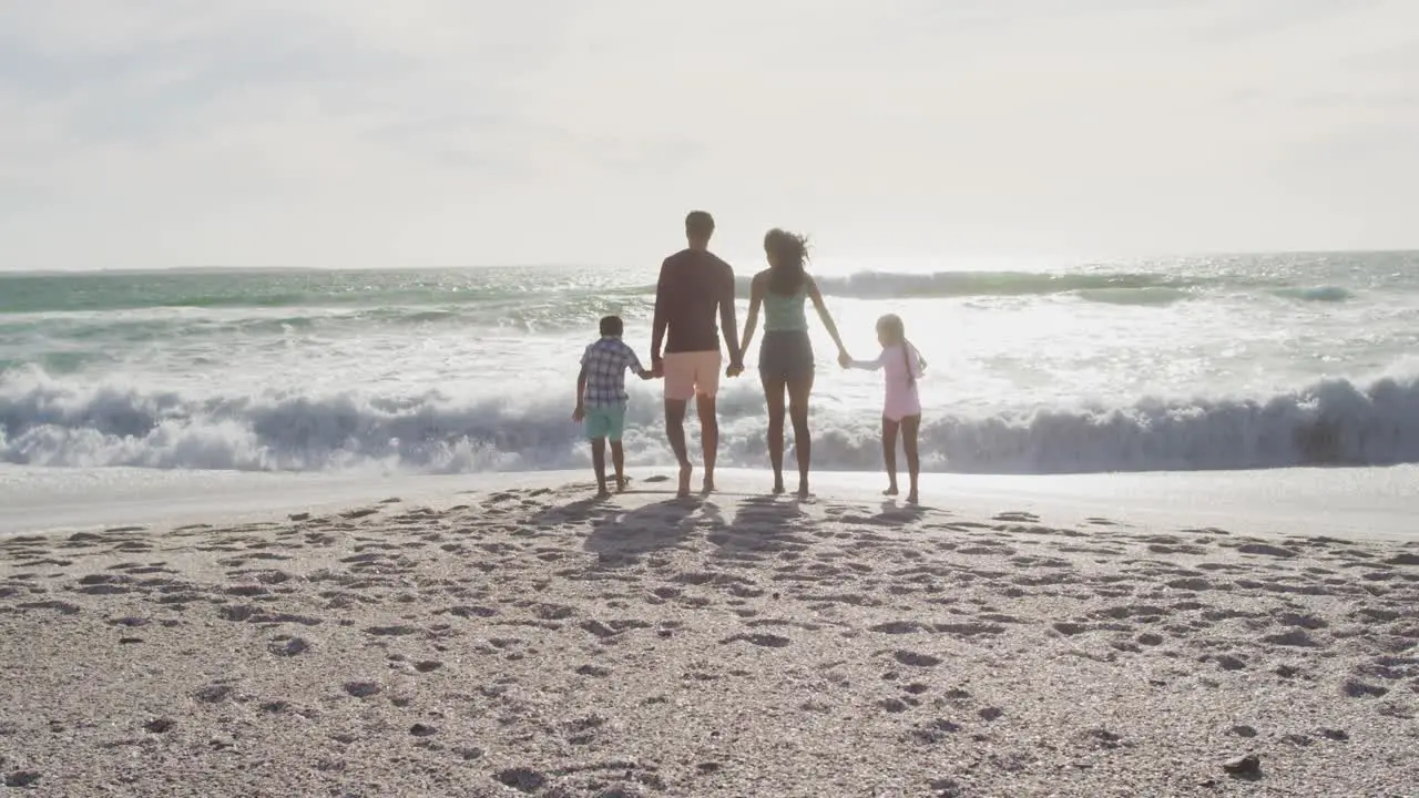 Back view of hispanic mother father son and daughter holding hands and walking on beach