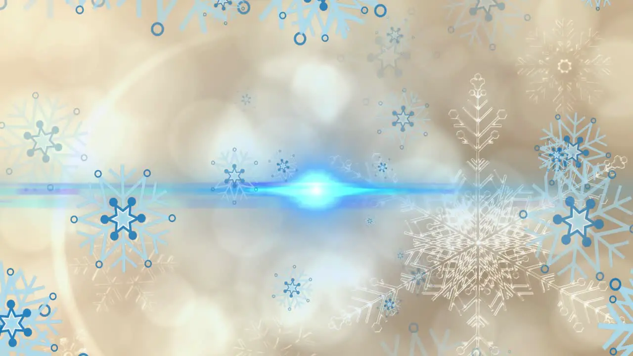 Animation of hexagons pattern snowflakes and lens flare with bokeh effect in background