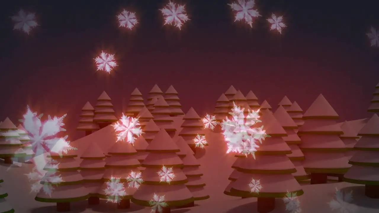 Animation of 3d snowflakes moving against snow covered christmas trees