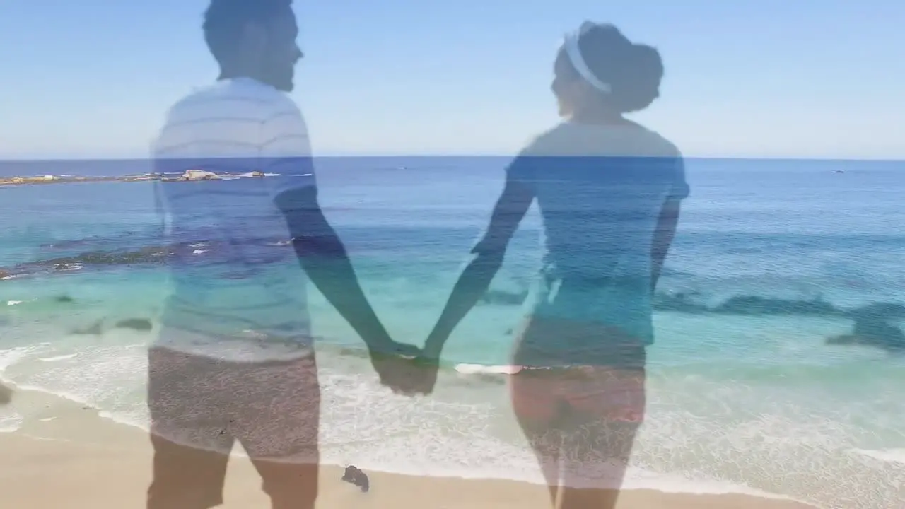 Animation of happy african american couple walking on beach