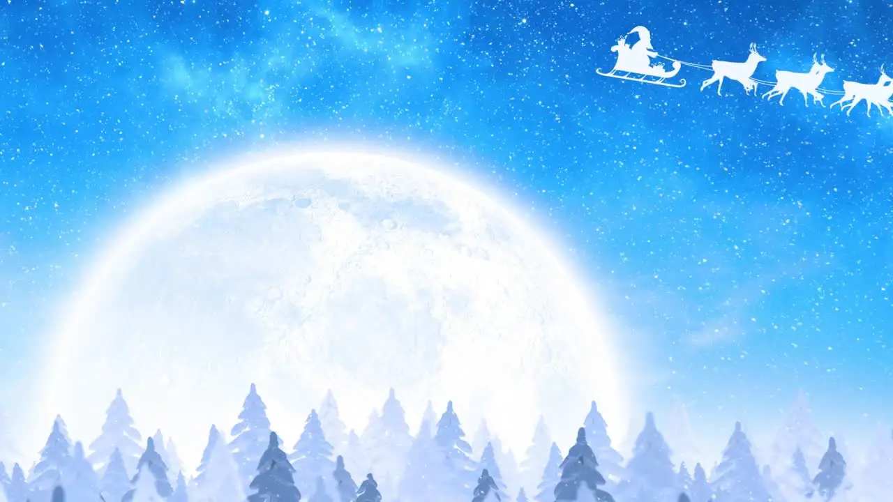 Animation of santa riding sleigh against bright moon and blue sky during snowfall