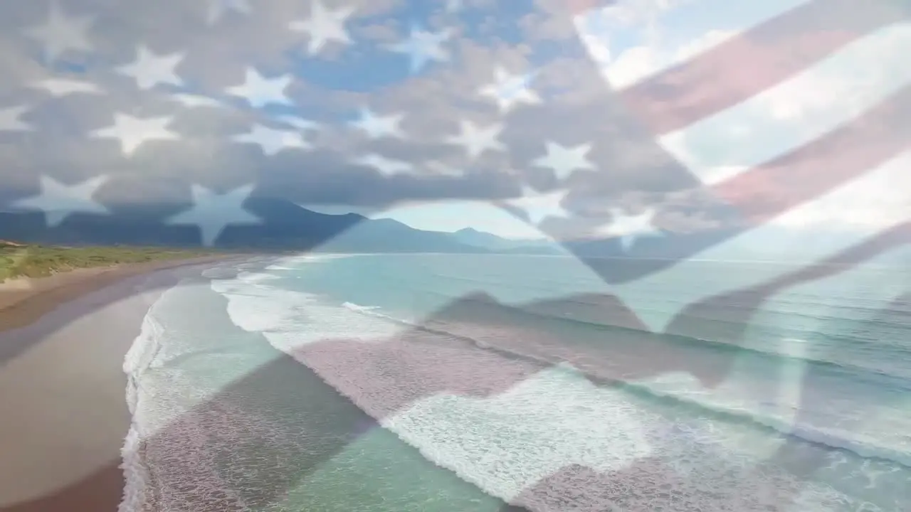 Animation of flag of america waving and person making thumbs up gesture over sunny beach