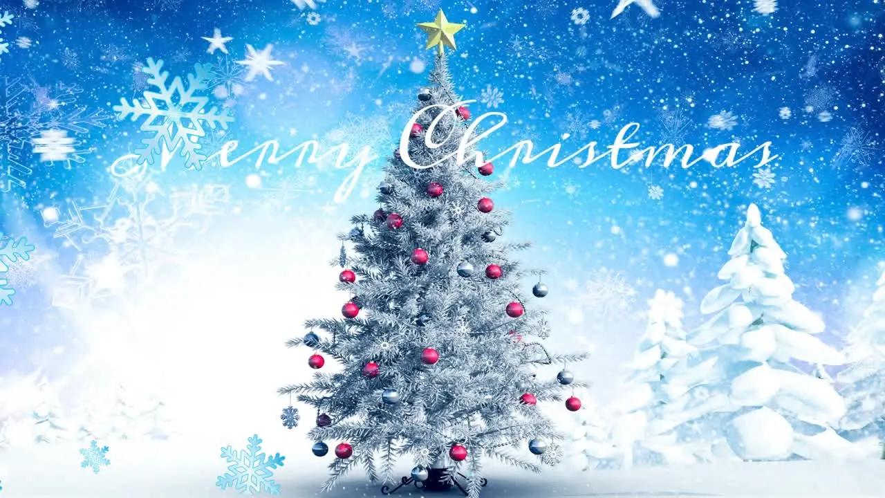 Animation of snowflakes over merry christmas text decorated christmas tree on abstract background