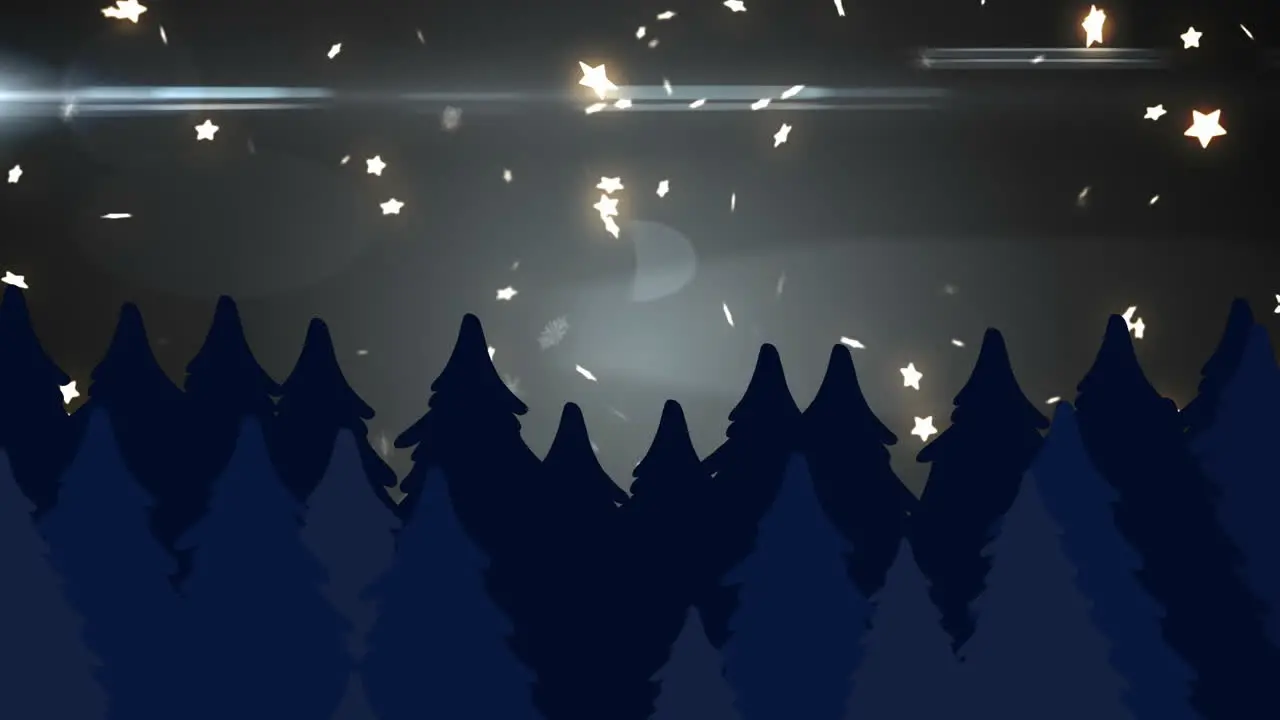 Animation of trees stars and snowflakes with lens flares over abstract background