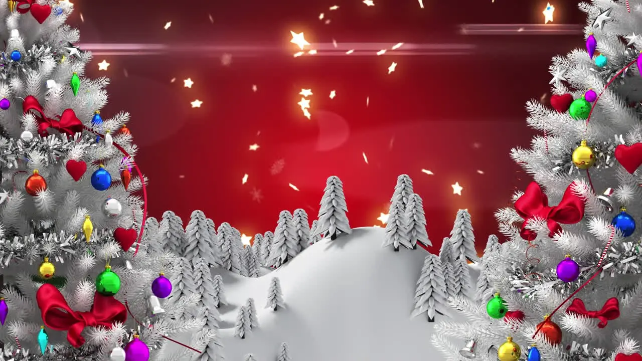 Animation of decorated christmas trees snow covered mountains and stars over red background