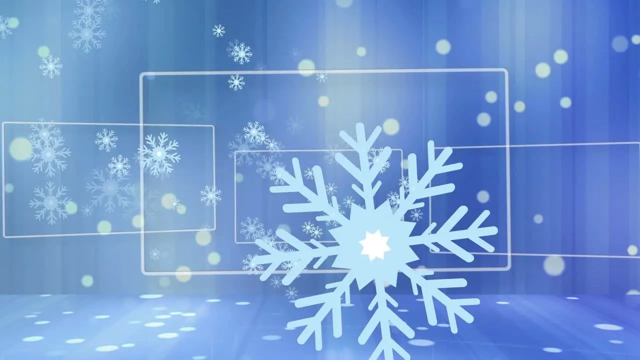 Animation of snowflakes and rectangles with lens flares against blue background