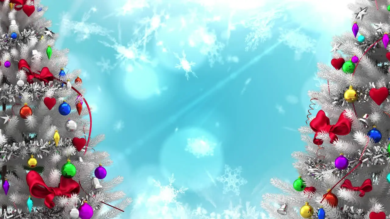 Animation of decorated christmas trees and snowflakes with lens flares over blue background