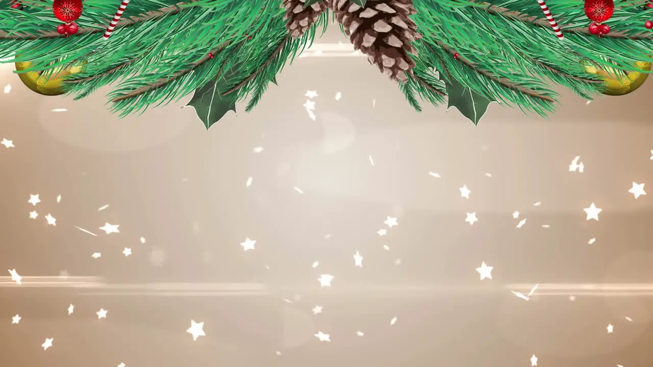 Animation of decorated leaves of christmas tree and stars with lens flares on abstract background