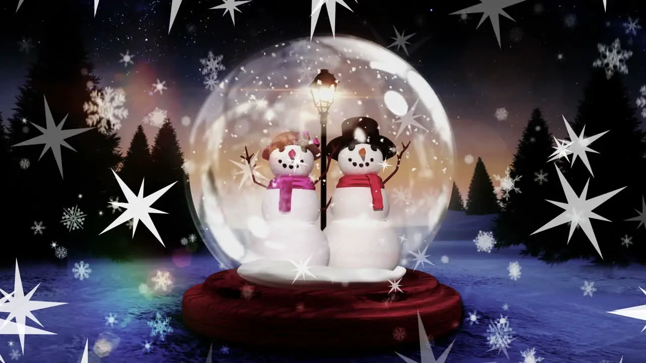 Animation of snowflakes and stars over snowman in glass sphere against trees on snow covered land