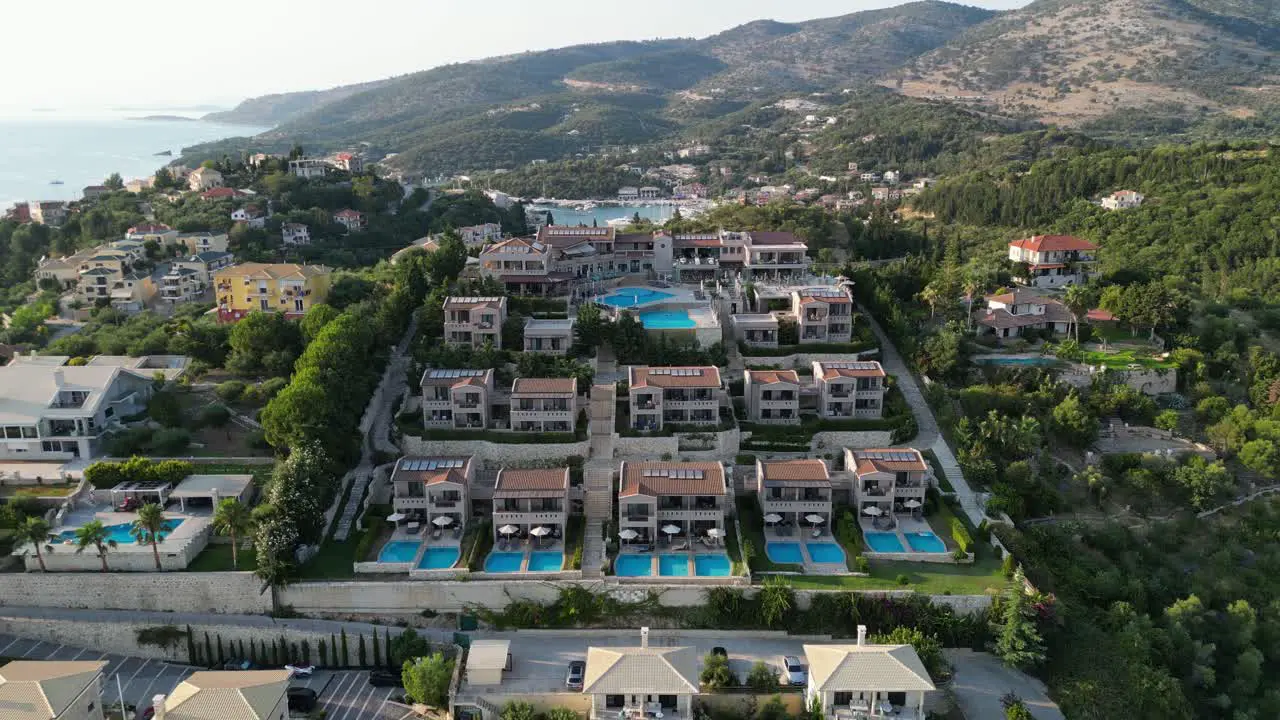 Holiday Resort Hotel with swimming pool villa's at Syvota Epirus Greece Aerial