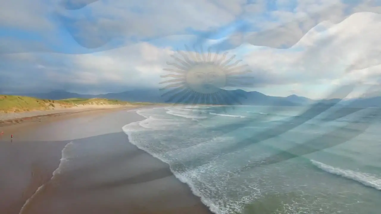 Animation of argentinian flag waving over sunny seaside