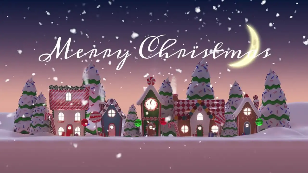 Animation of merry christmas text and snow falling on trees and illuminated houses at night