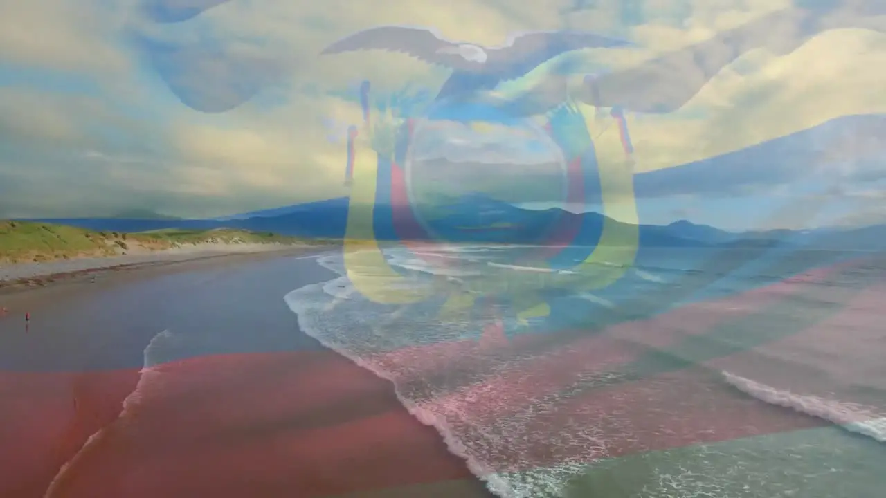 Animation of ecuadorian flag waving over sunny seaside