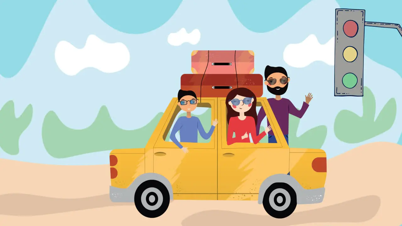 Composition of happy parents and child travelling on holiday together in car with rural background