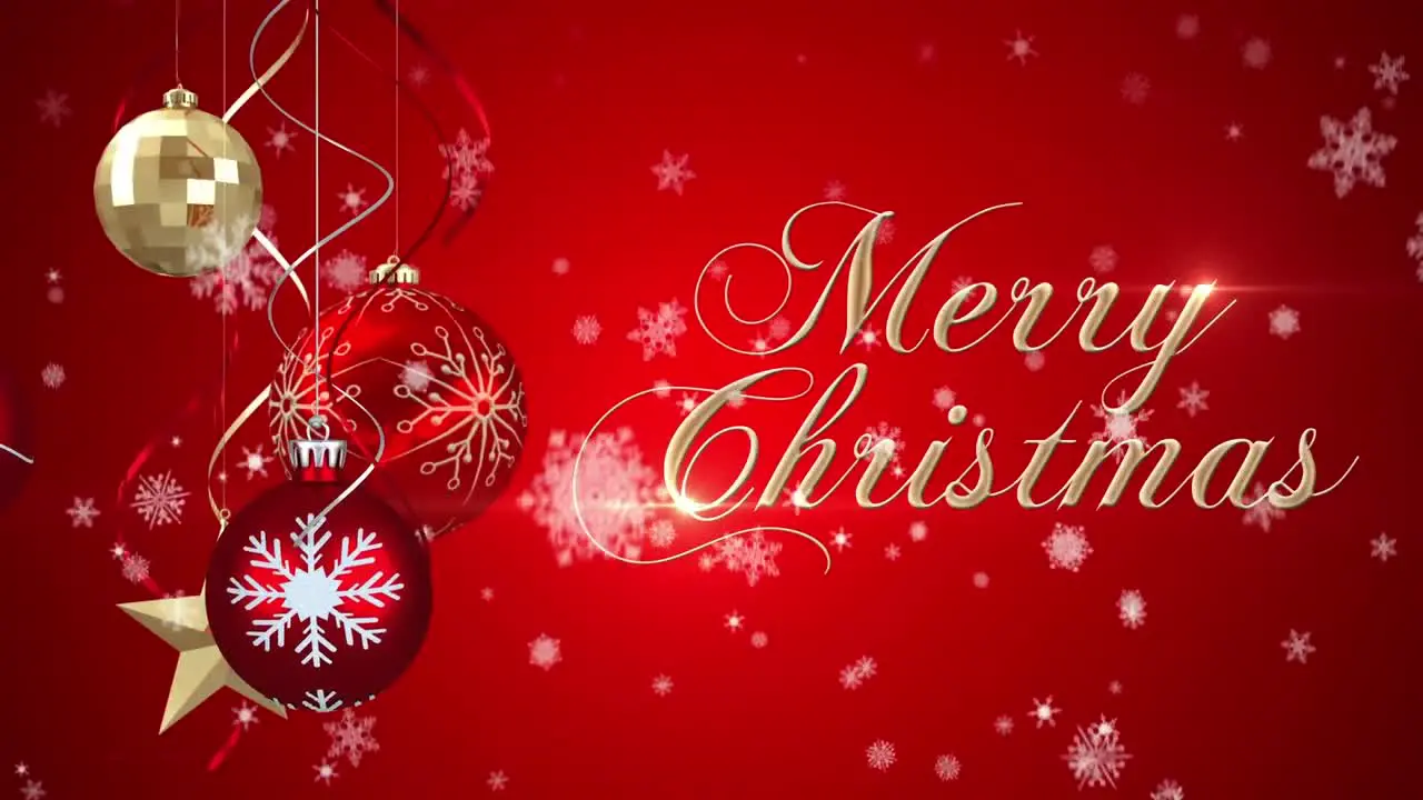 Animation of merry christmas text with baubles and ribbons over falling snow and snowflakes