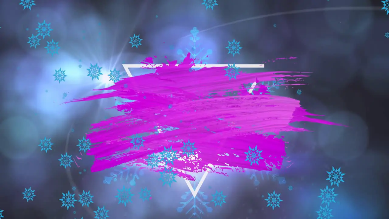 Animation of abstract pattern over triangle lens flare snowflakes falling over bokeh effect