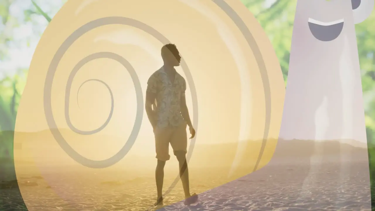 Animation of spiral over african american man standing on beach