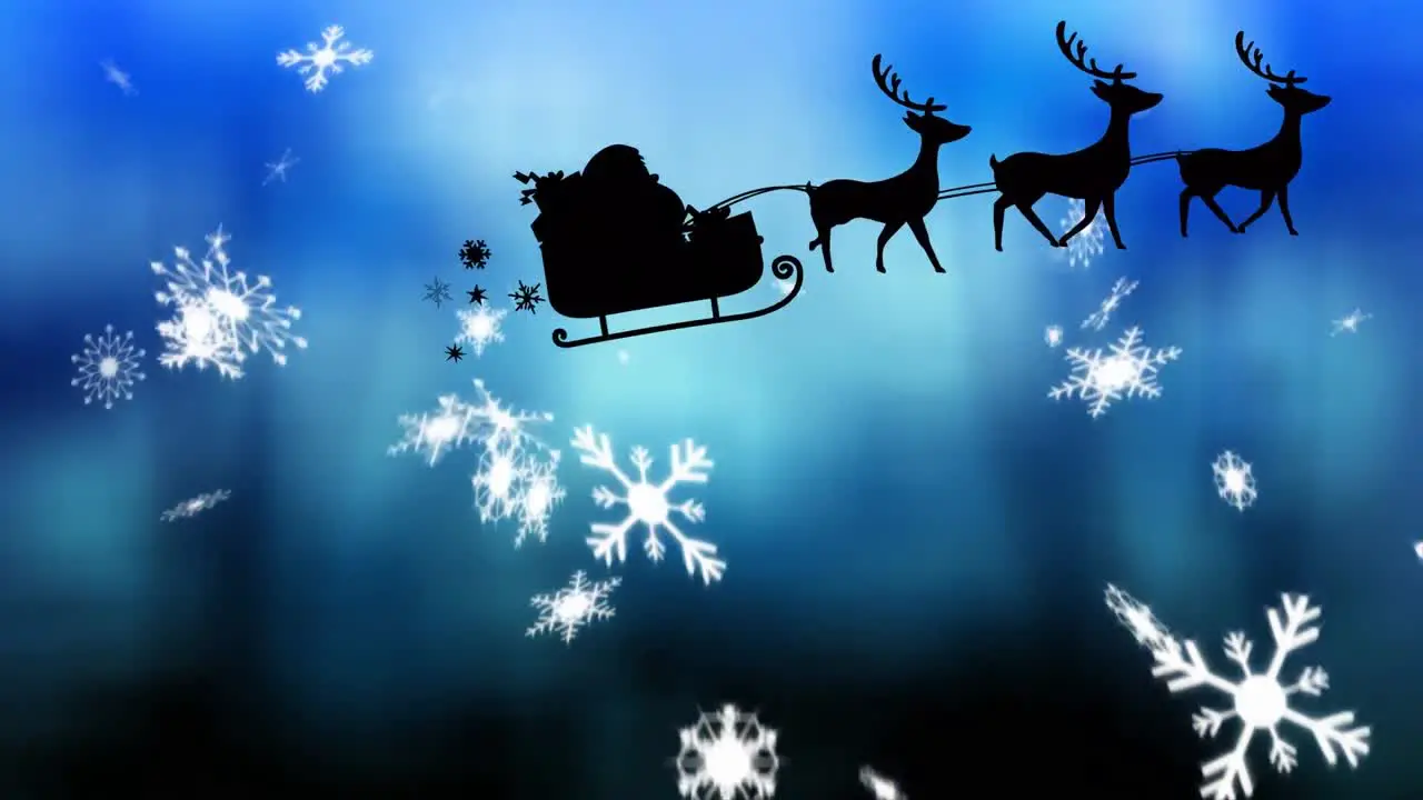 Animation of santa riding sleigh with falling snowflakes against blue background