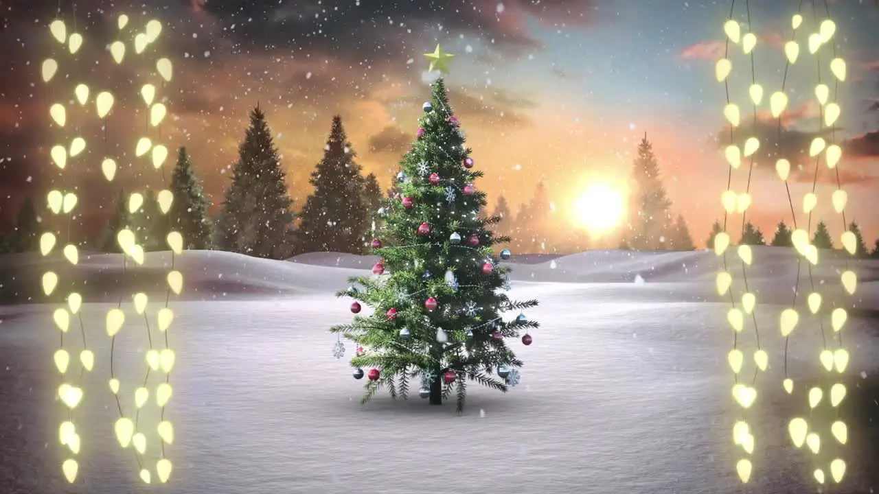 Magical lights turn on against a green screen with digital animation of a snowfall in the backgroun