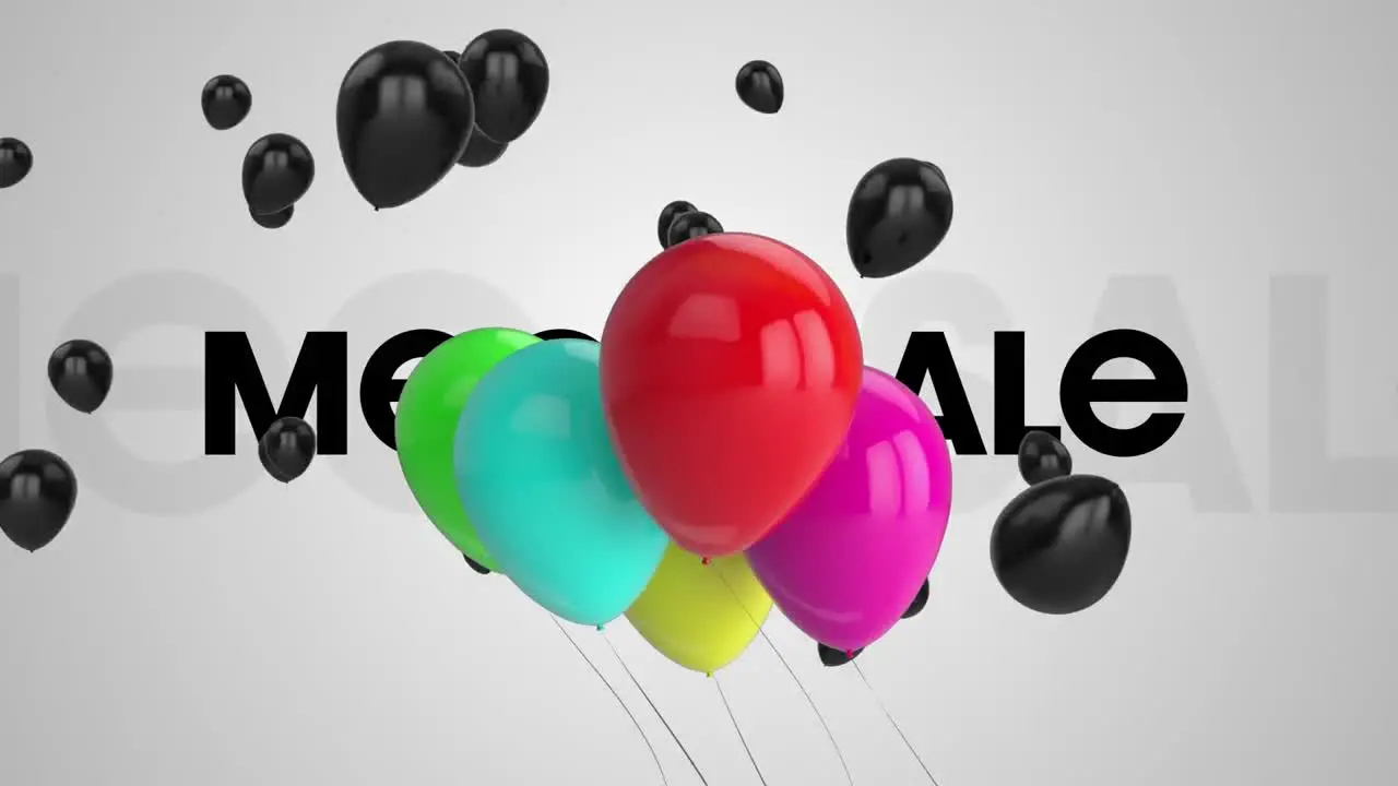 Colourful balloons on a green screen with the text 'mega sale' in the foreground