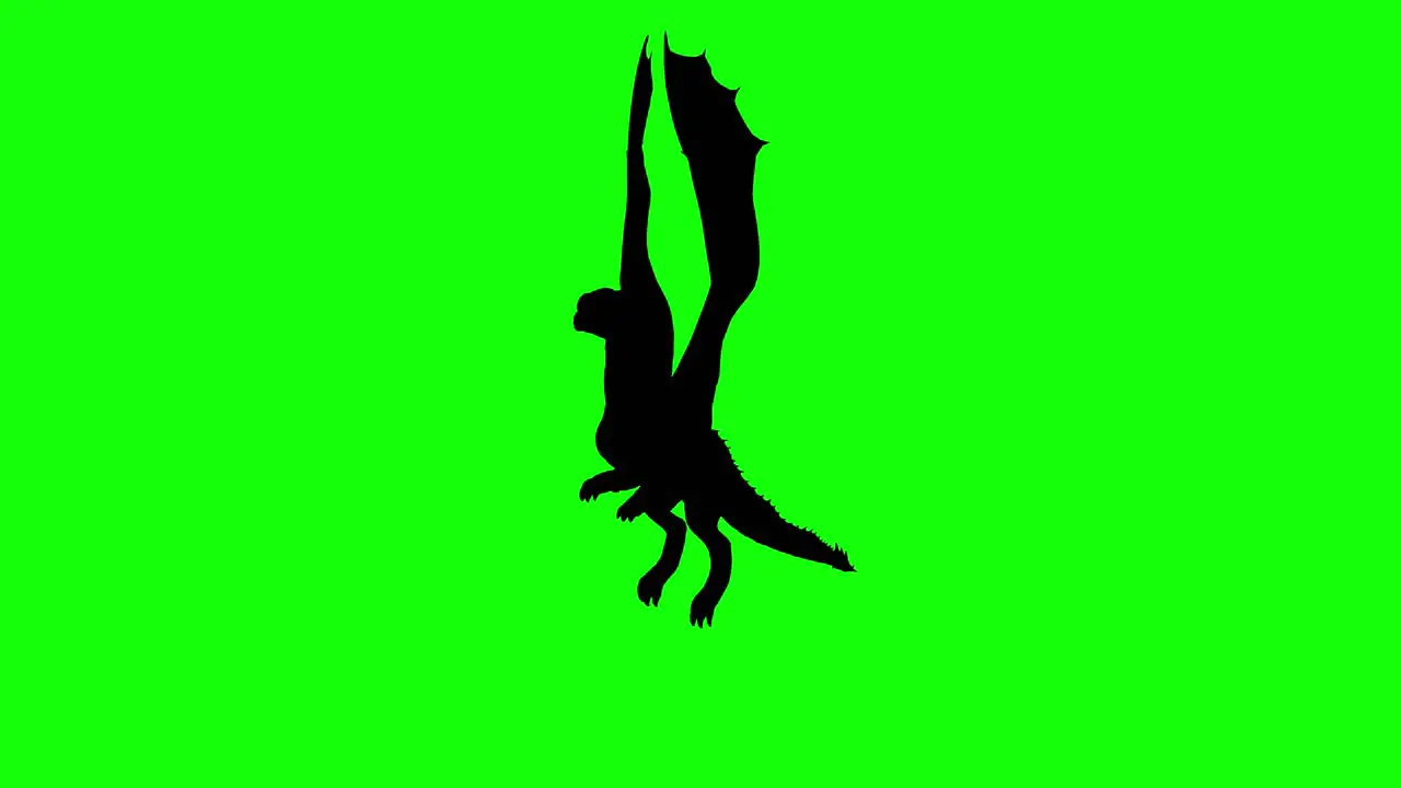 Silhouette of a fantasy creature monster dragon flying on green screen perspective view