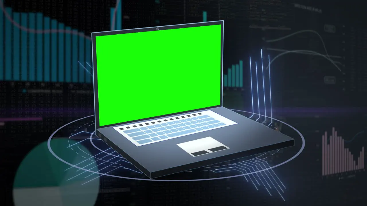 Green screen placeholder on animated laptop notebook symbol against technical background with graphs charts and business financial data