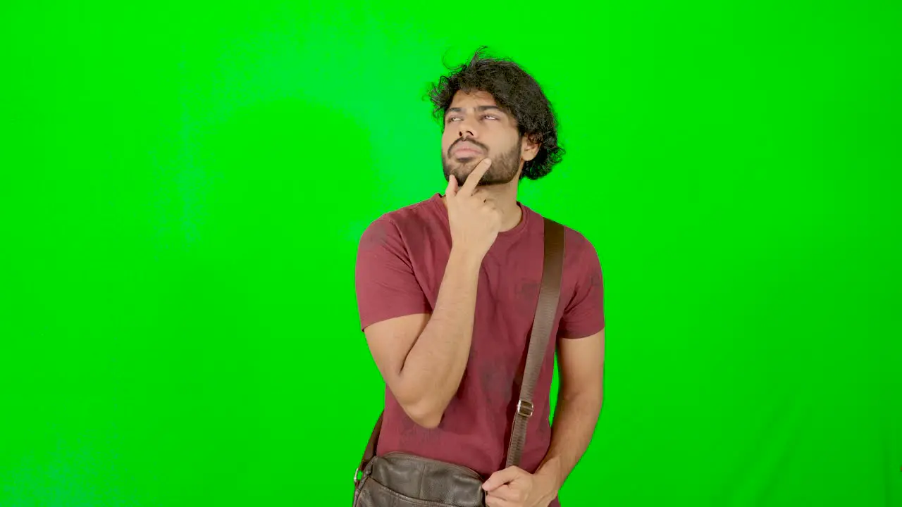 indian student tourist tried to find the solution with green background guy questing motion with green background