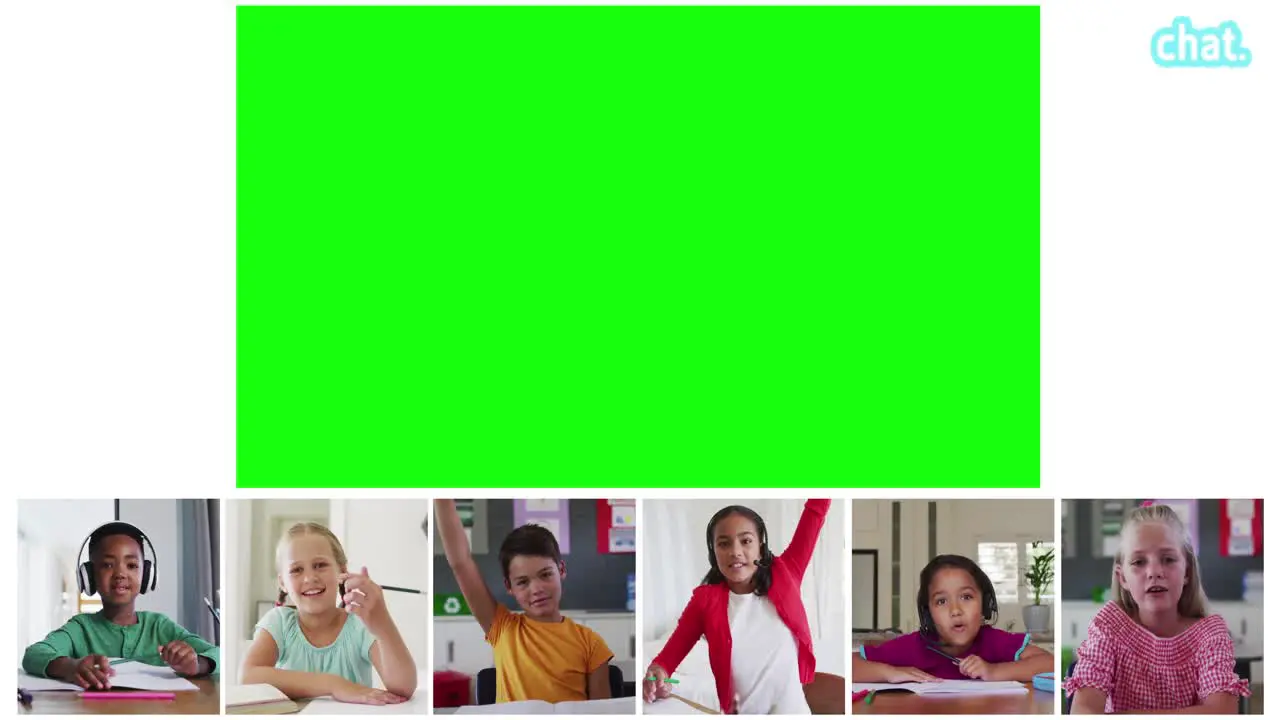 Animation of green screen and six screens of diverse children during online school lesson