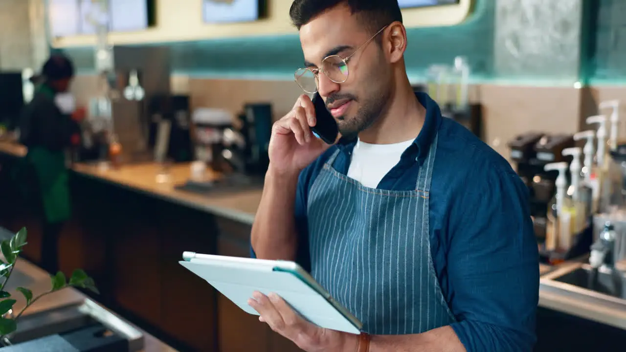 Man phone call and tablet for restaurant